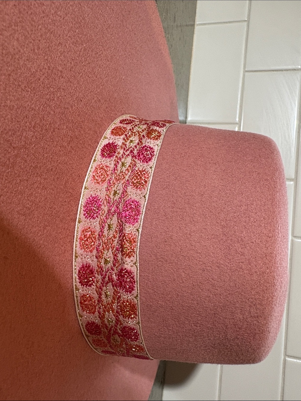 Lack of Color Pink Wool Wide Brim Boater Hat Floral Ribbon - Picture 4 of 5